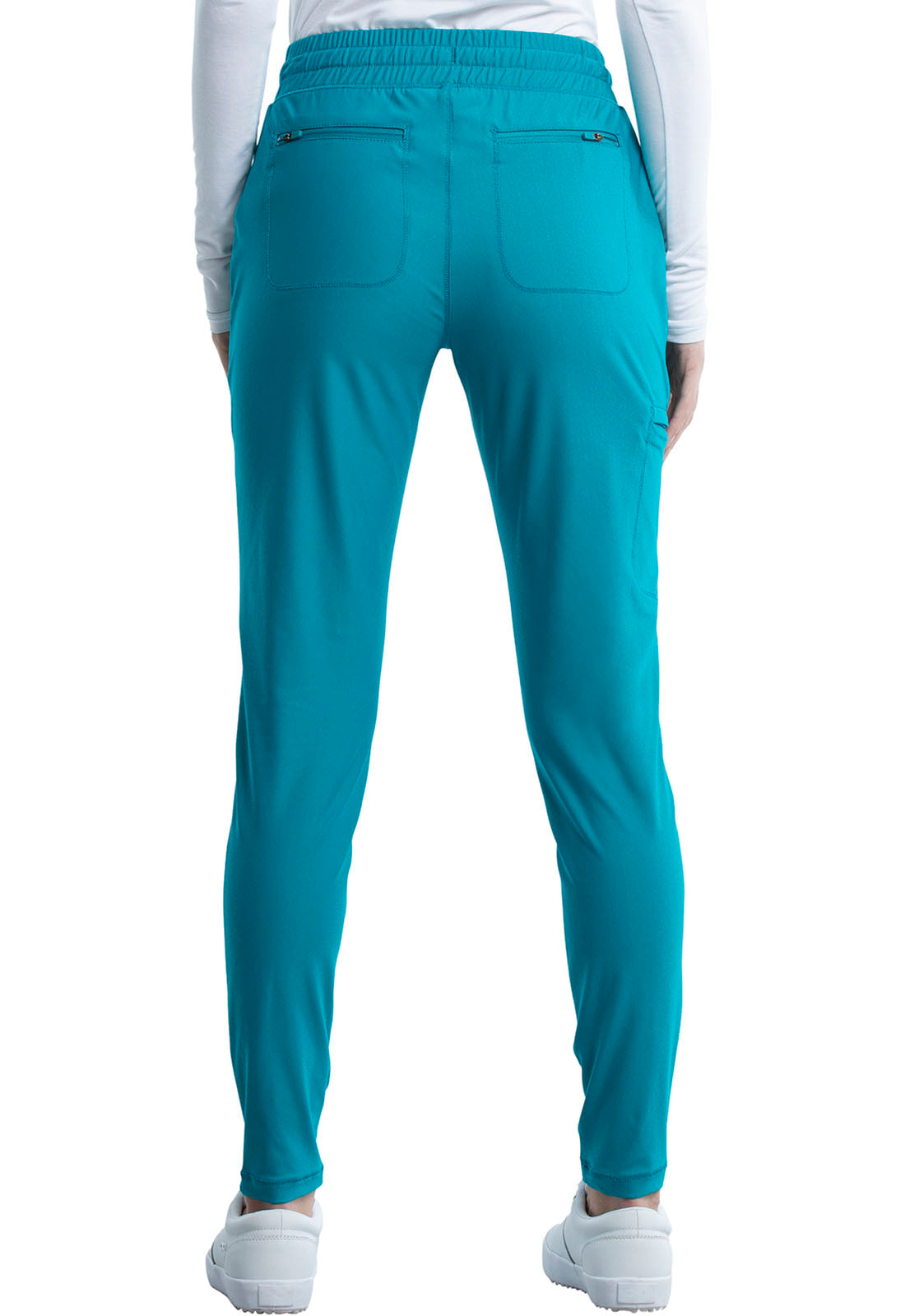 Form CK095 Mid Rise Tapered Leg Drawstring Pants Teal Blue Model Image Back | Cherokee