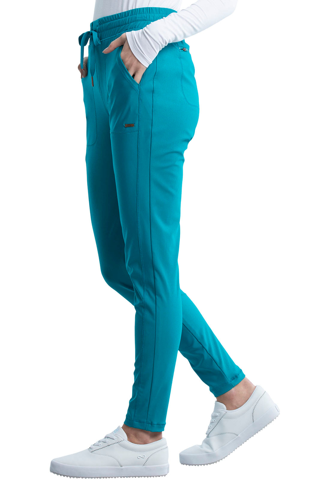 Form CK095 Mid Rise Tapered Leg Drawstring Pants Teal Blue Model Image Right Side | Cherokee