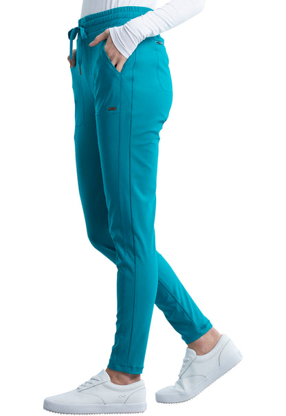 Form CK095 Mid Rise Tapered Leg Drawstring Pants Teal Blue Model Image Right Side | Cherokee