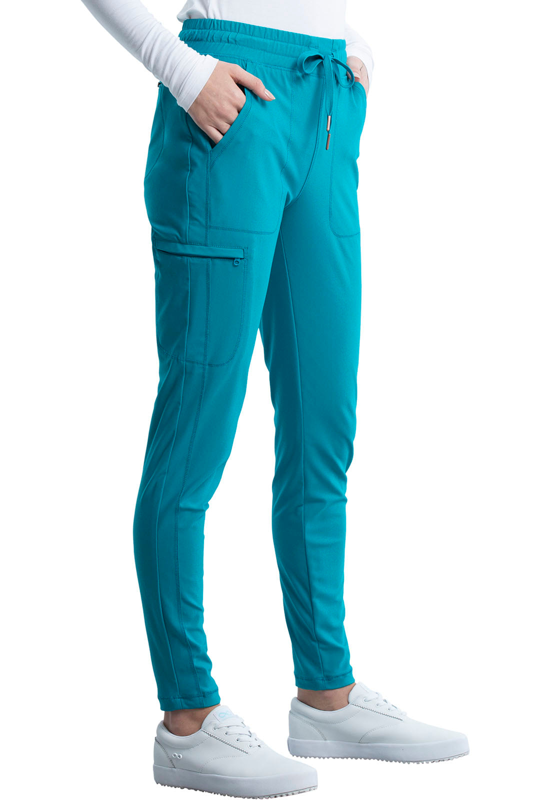 Form CK095 Mid Rise Tapered Leg Drawstring Pants Teal Blue Model Image Left Side | Cherokee