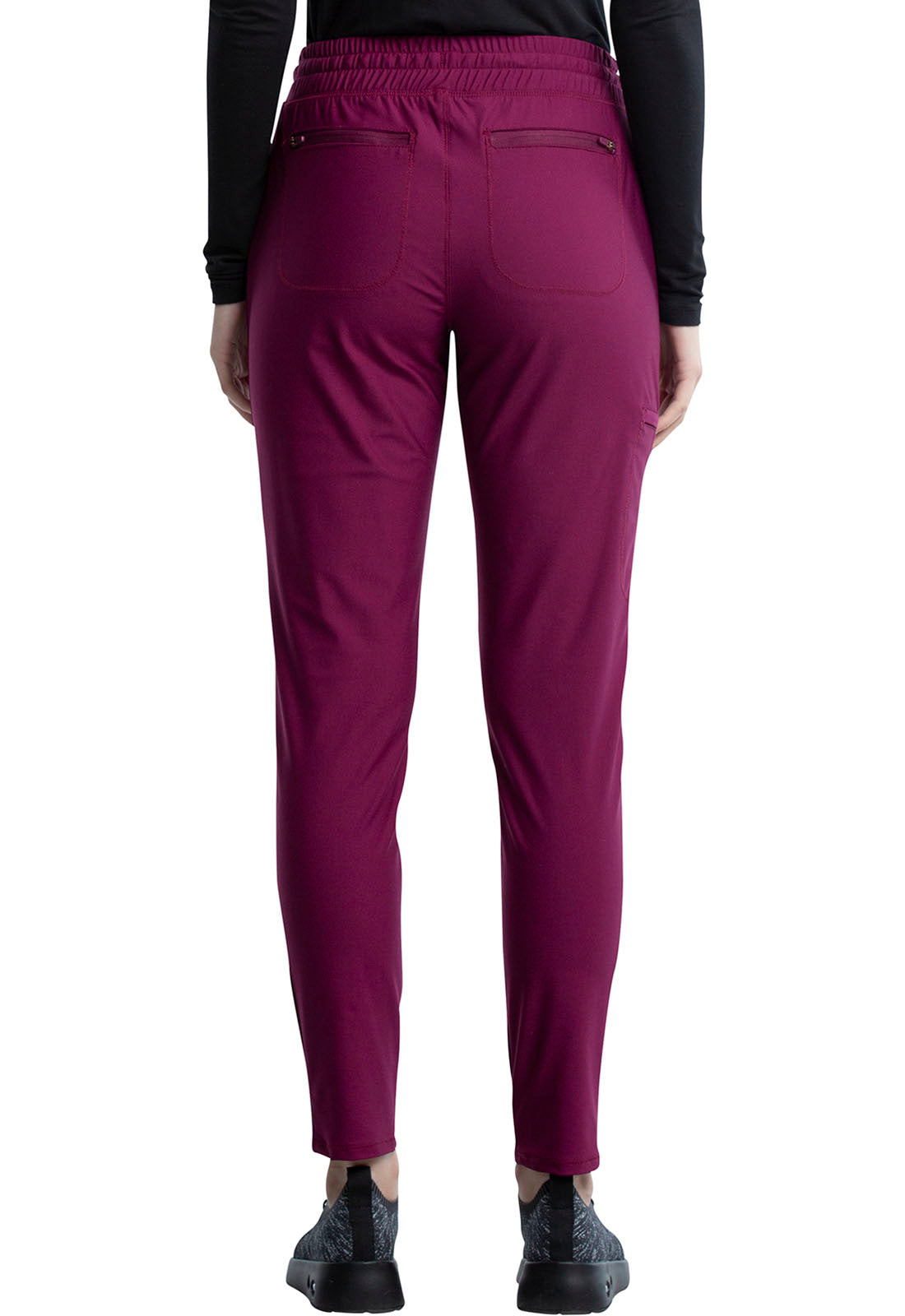 Form CK095 Mid Rise Tapered Leg Drawstring Pants Wine Model Image Back | Cherokee