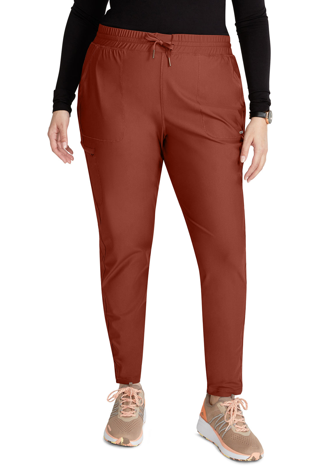 Form CK095 Mid Rise Tapered Leg Drawstring Pants MASALA Model Image Front | Cherokee