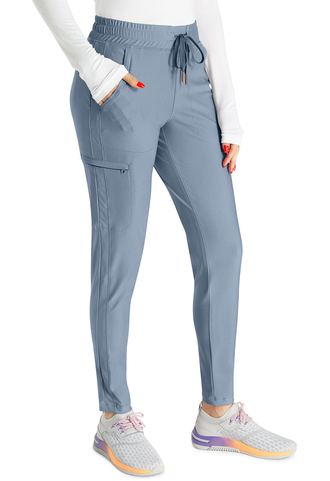 Form CK095 Mid Rise Tapered Leg Drawstring Pants Ocean Ash Model Image Left Side | Cherokee