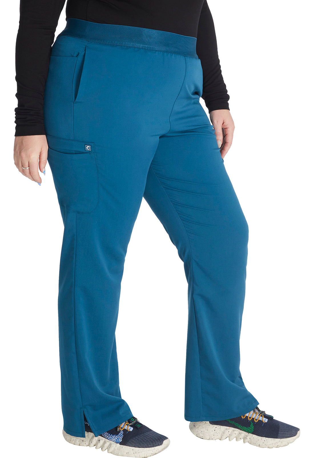 Atmos CK136A Mid Rise Pull-on Straight Leg Pants Caribbean Blue Model Image Left Side | Cherokee