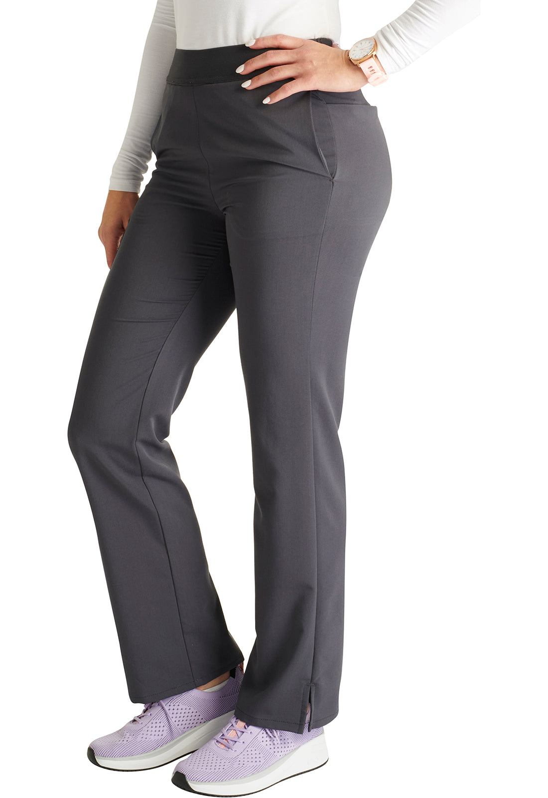 Atmos CK136A Mid Rise Pull-on Straight Leg Pants Pewter Model Image Right Side | Cherokee