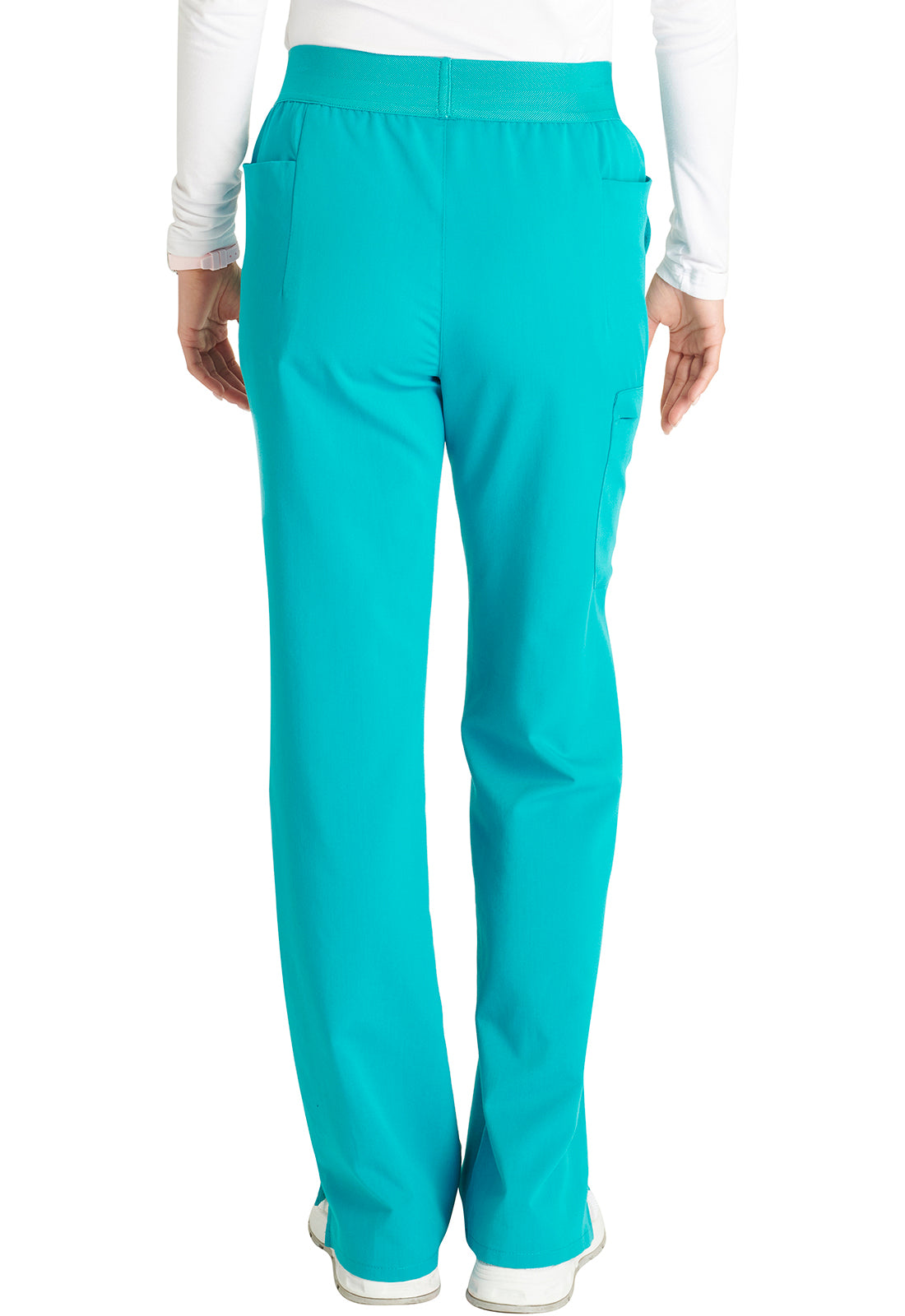 Atmos CK136A Mid Rise Pull-on Straight Leg Pants Teal Blue Model Image Back | Cherokee