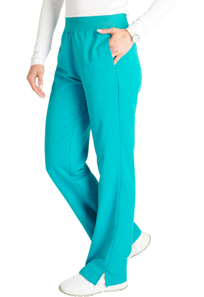 Atmos CK136A Mid Rise Pull-on Straight Leg Pants Teal Blue Model Image Right Side | Cherokee