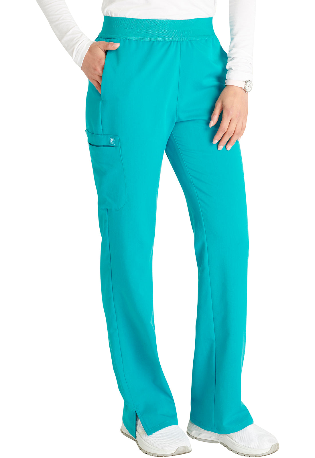 Atmos CK136A Mid Rise Pull-on Straight Leg Pants Teal Blue Model Image Left Side | Cherokee