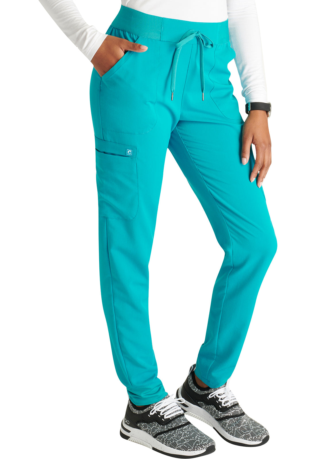 Atmos CK138A Mid Rise Pull-on Jogger Teal Blue Model Image Left Side | Cherokee