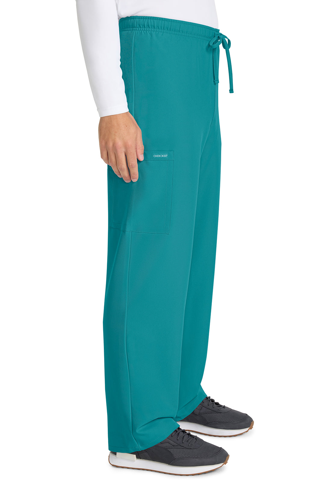 Originals Ultra CK280A Unisex Mid Rise Drawstring Straight Pants Teal Blue Model Image Left Side | Cherokee