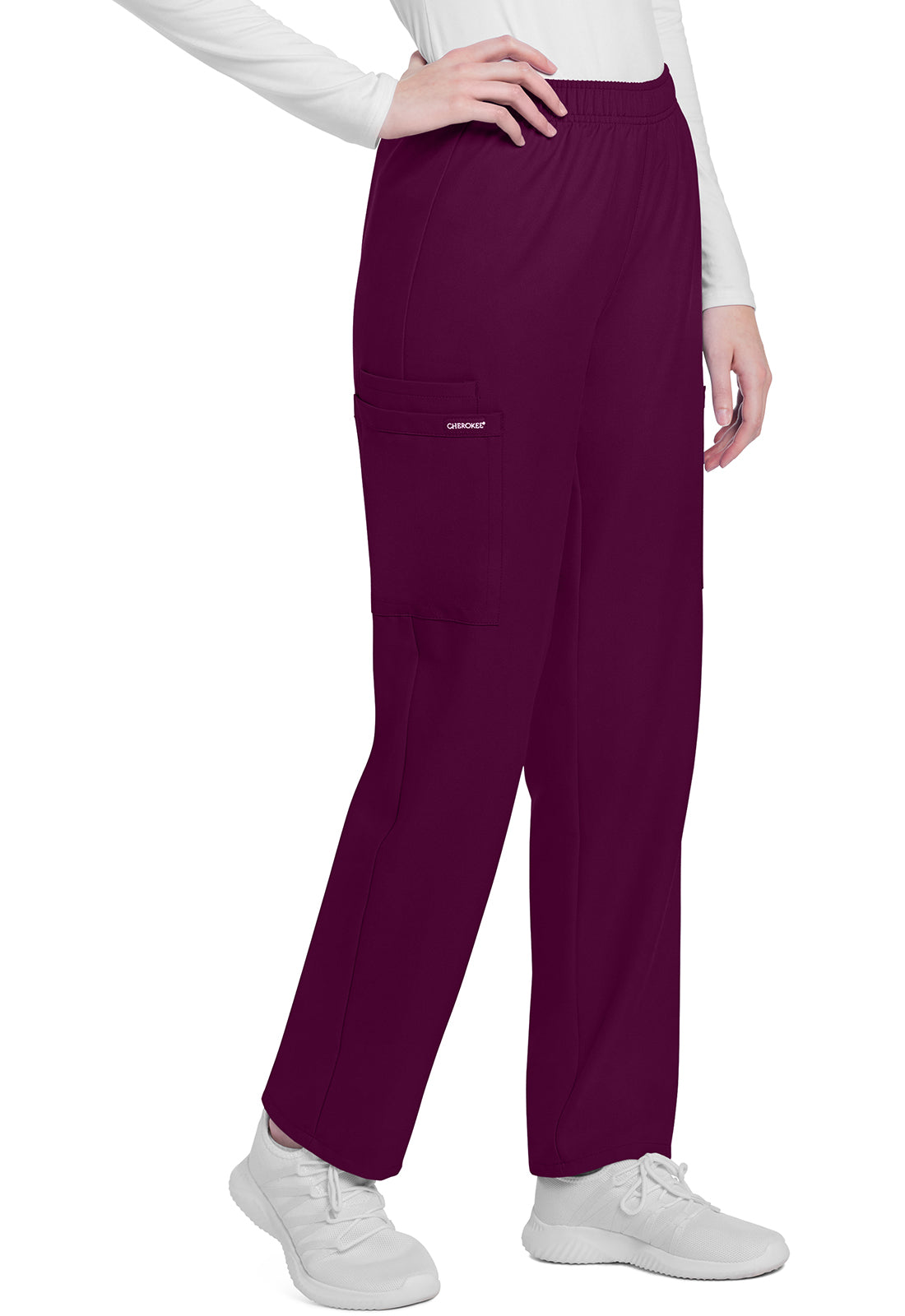 Originals Ultra CK281A Mid Rise Pull-on Slim Leg Cargo Pants Wine Model Image Left Side | Cherokee