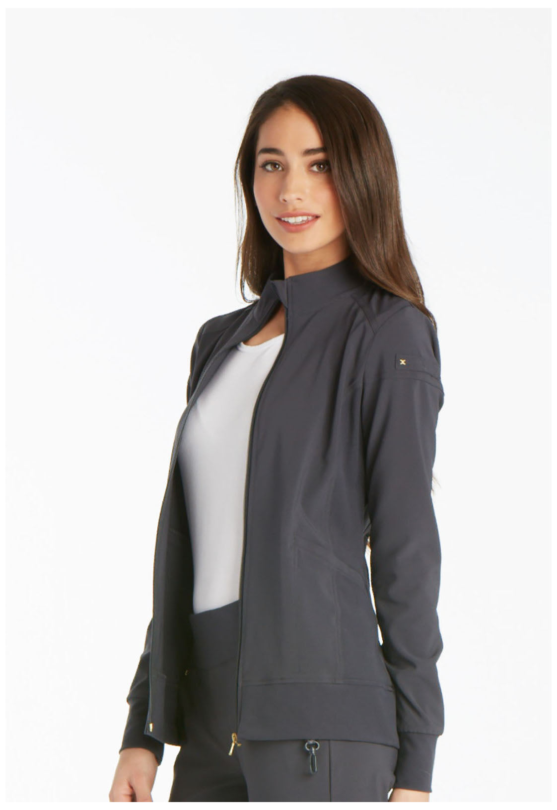 iFlex CK303 Zip Front Jacket Pewter Model Image Right Side | Cherokee