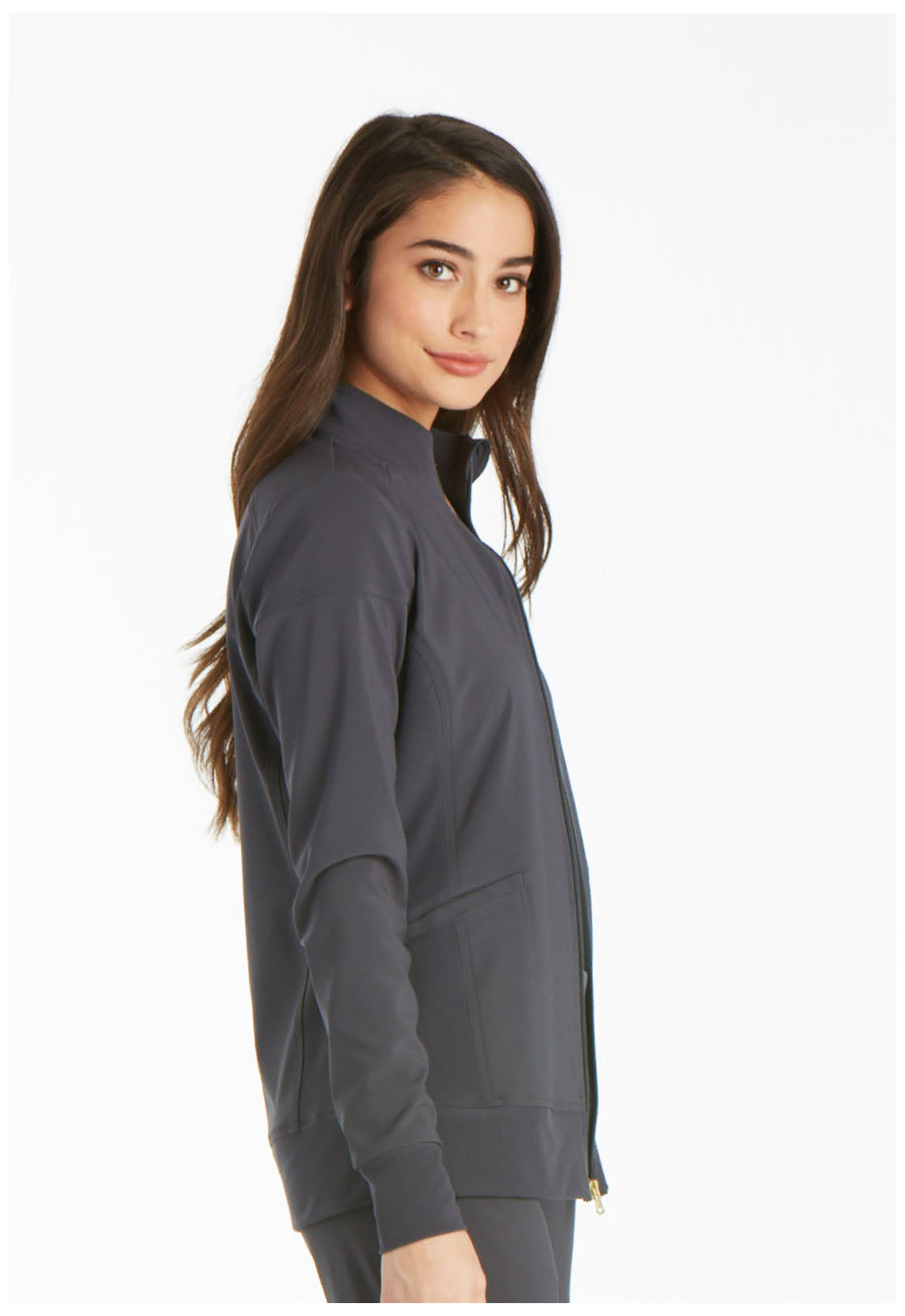 iFlex CK303 Zip Front Jacket Pewter Model Image Left Side | Cherokee