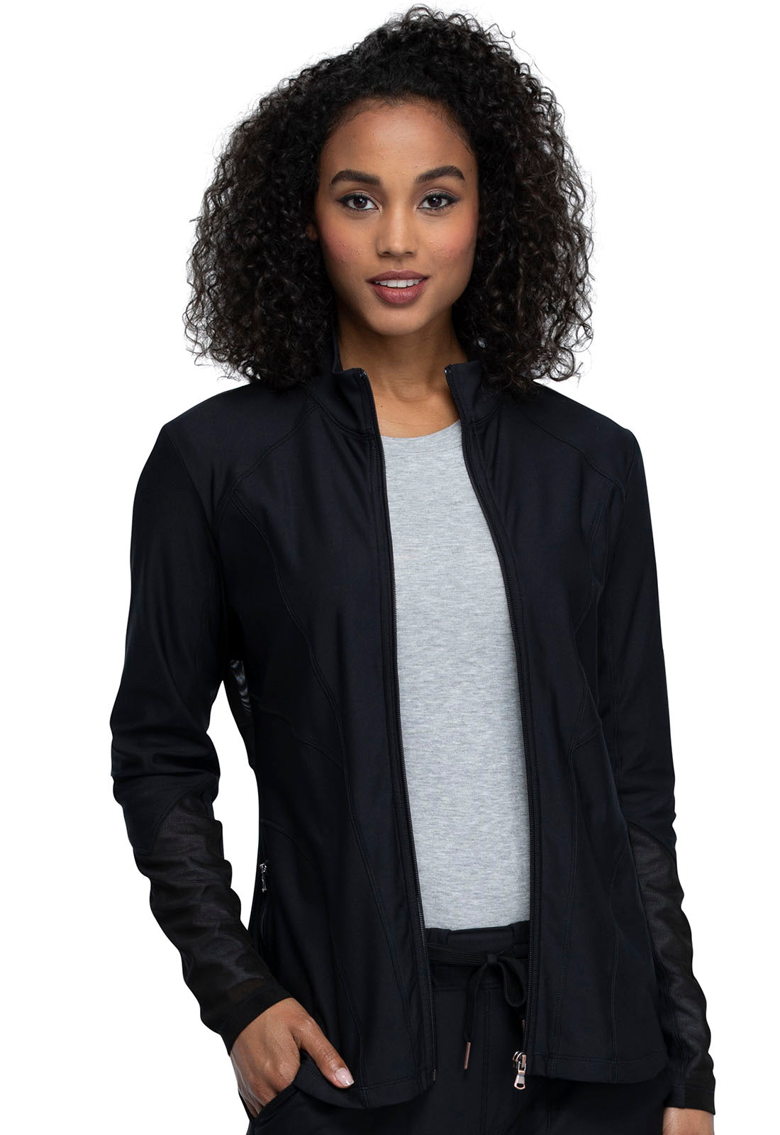 Form CK390 Zip Front Jacket Black Model Image Front | Cherokee