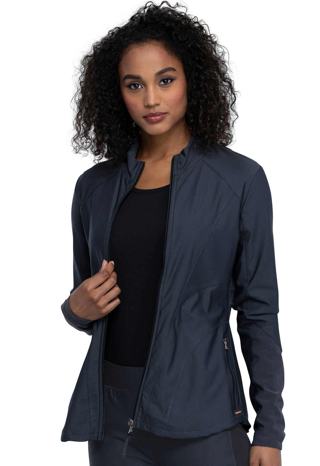 Form CK390 Zip Front Jacket Pewter Model Image Right Side | Cherokee