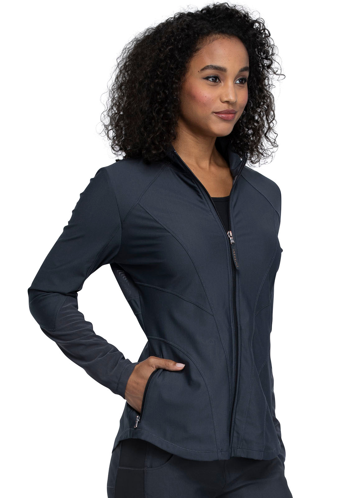 Form CK390 Zip Front Jacket Pewter Model Image Left Side | Cherokee