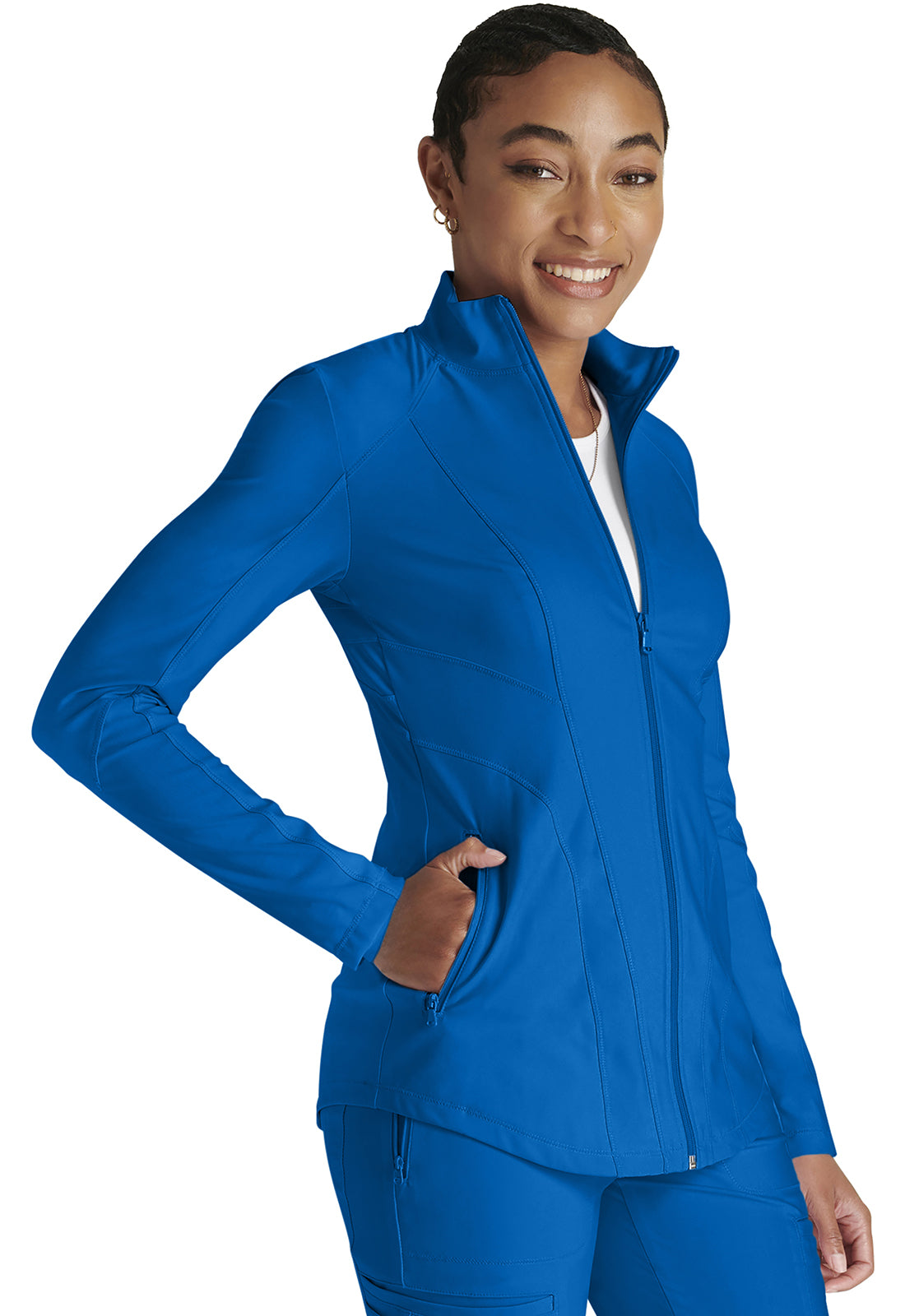 Form CK390 Zip Front Jacket Royal Model Image Left Side | Cherokee