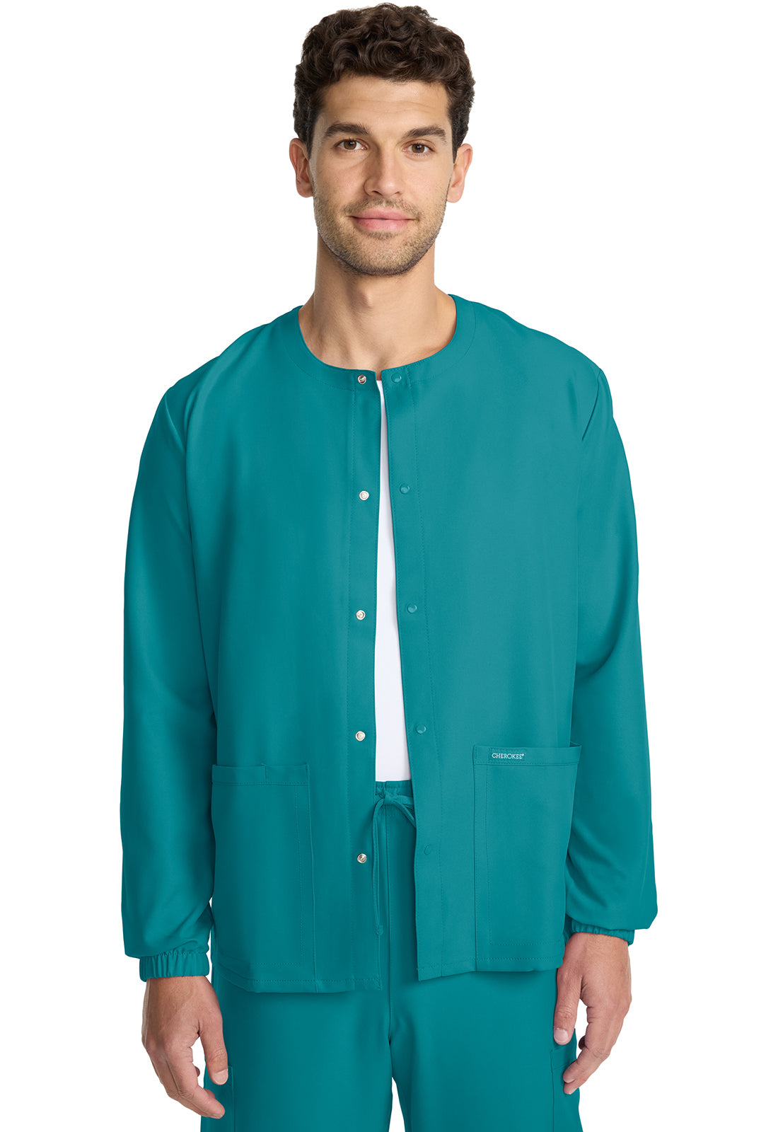 Originals Ultra CK393A Unisex Snap Front Warm Up Jacket Teal Blue Model Image Front | Cherokee