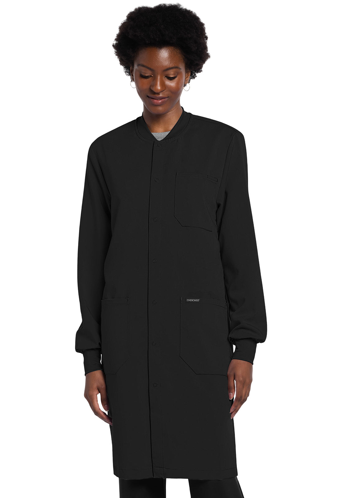 Project Lab by Cherokee CK402A 40" Snap Front Lab Coat Black Model Image Front | Cherokee