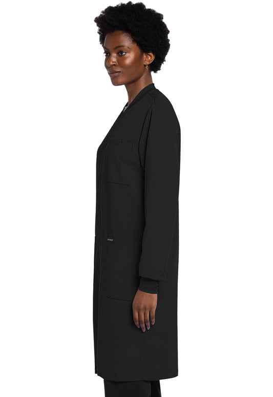 Project Lab by Cherokee CK402A 40" Snap Front Lab Coat Black Model Image Right Side | Cherokee