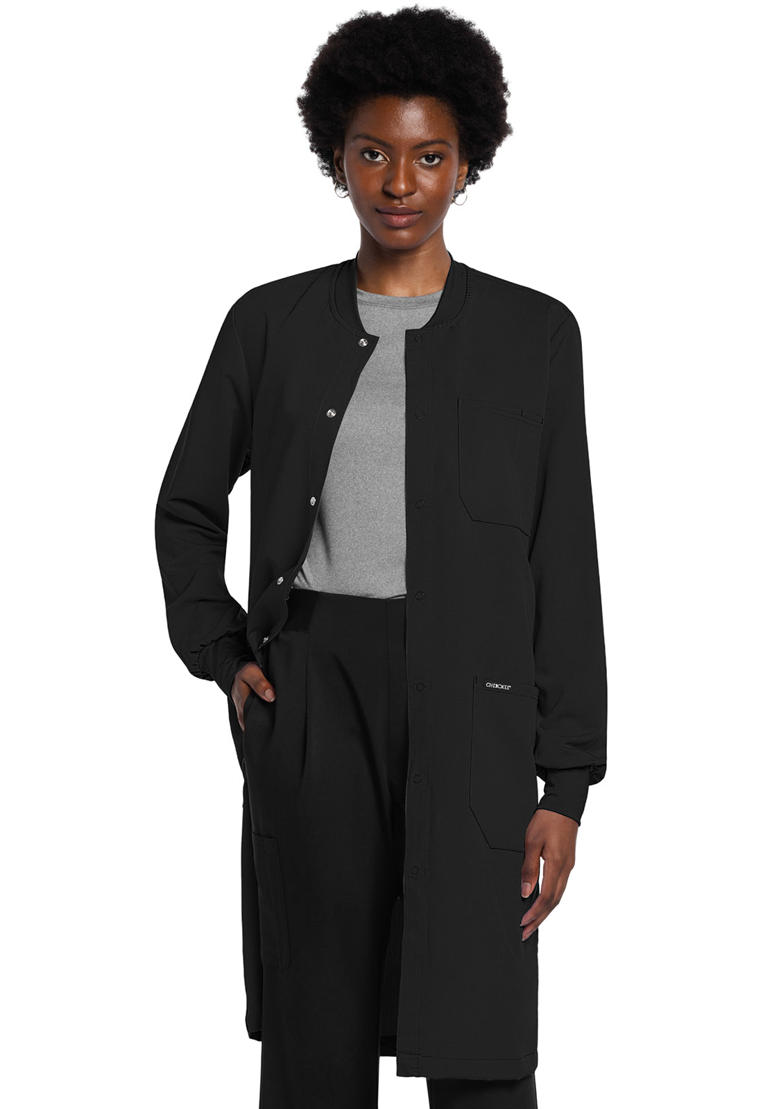 Project Lab by Cherokee CK402A 40" Snap Front Lab Coat Black Model Image Left Side | Cherokee