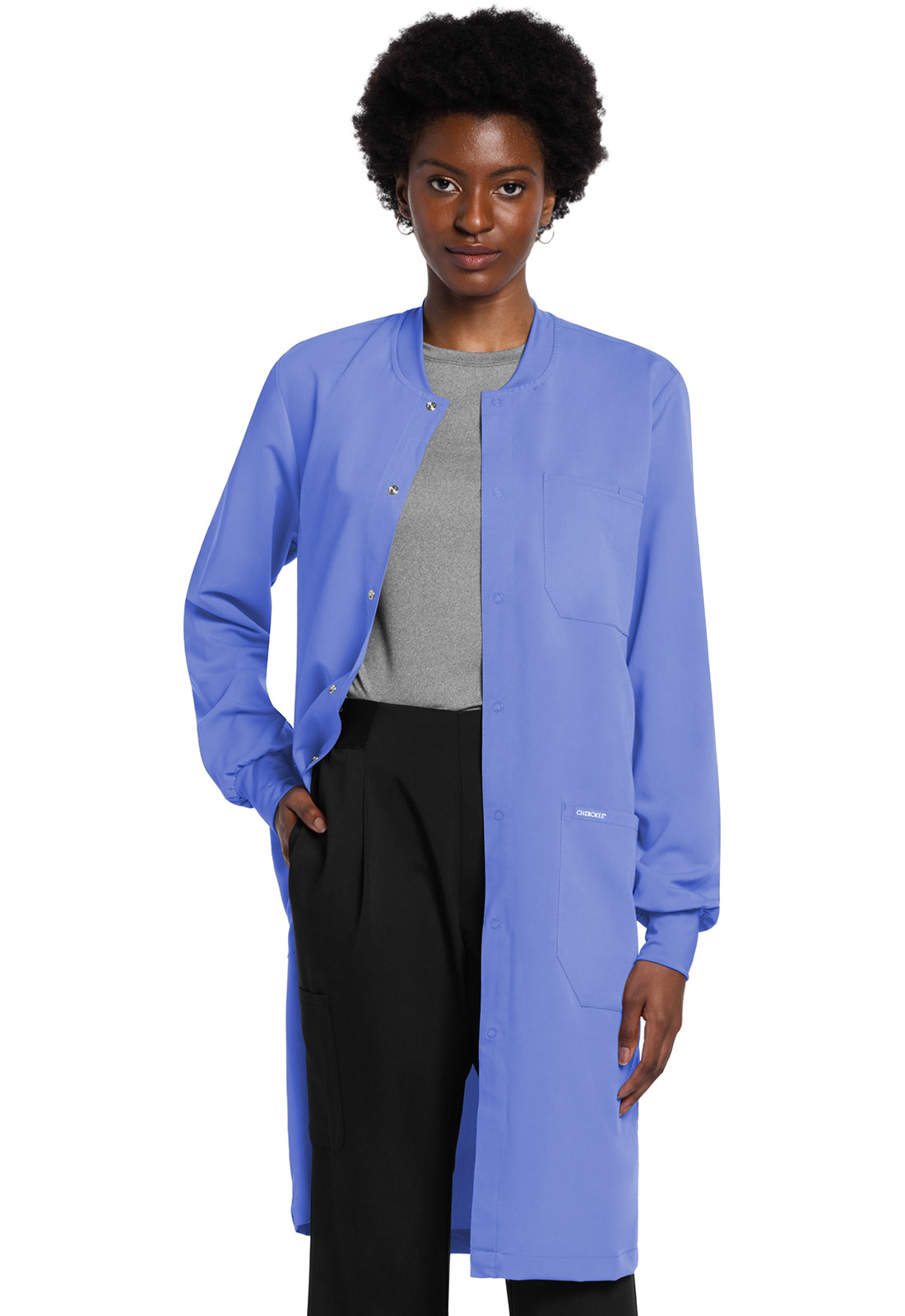 Project Lab by Cherokee CK402A 40" Snap Front Lab Coat Ciel Model Image Left Side | Cherokee