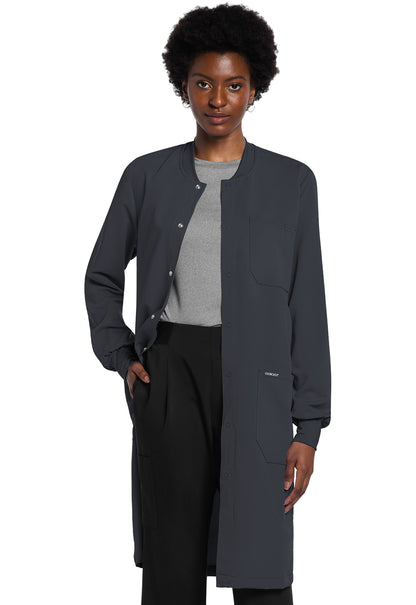 Project Lab by Cherokee CK402A 40" Snap Front Lab Coat Pewter Model Image Left Side | Cherokee