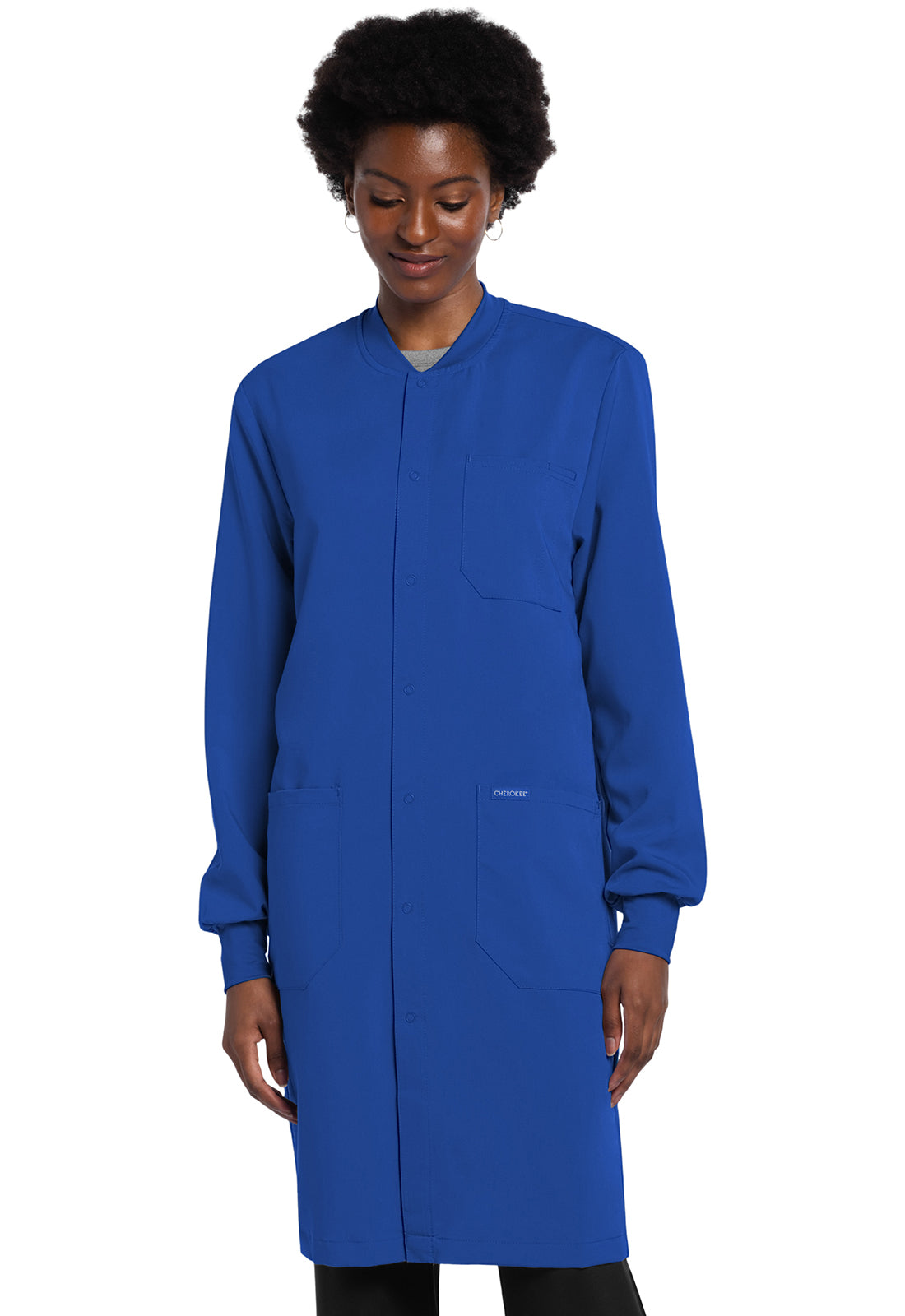 Project Lab by Cherokee CK402A 40" Snap Front Lab Coat Royal Model Image Front | Cherokee