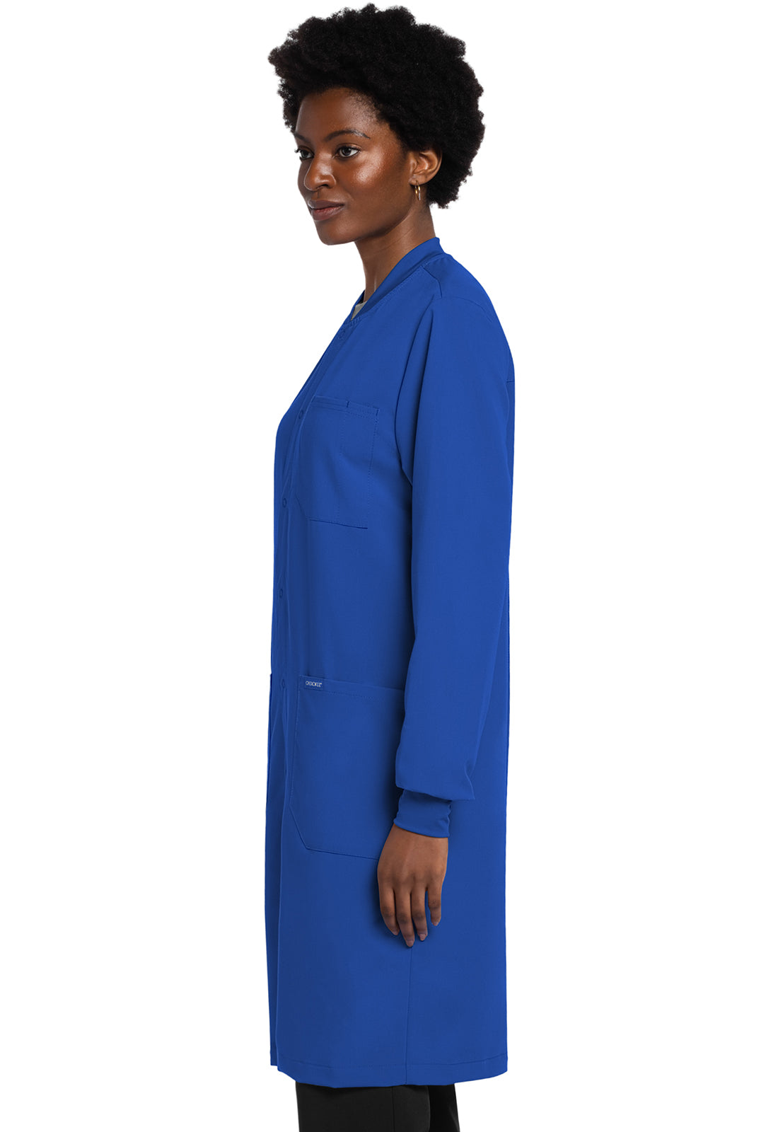 Project Lab by Cherokee CK402A 40" Snap Front Lab Coat Royal Model Image Right Side | Cherokee