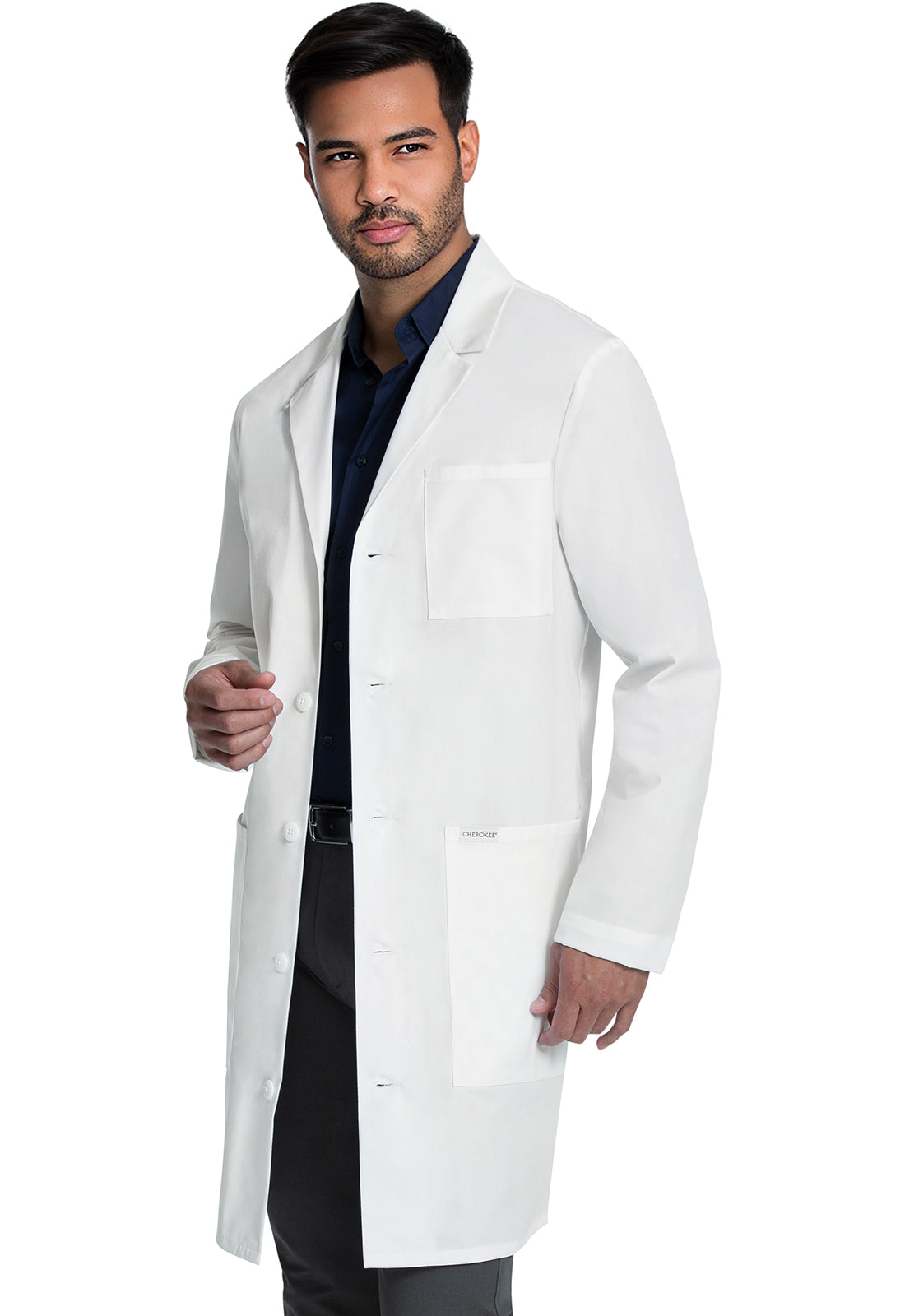 Project Lab by Cherokee CK412 38" Men's Lab Coat White Model Image Right Side | Cherokee