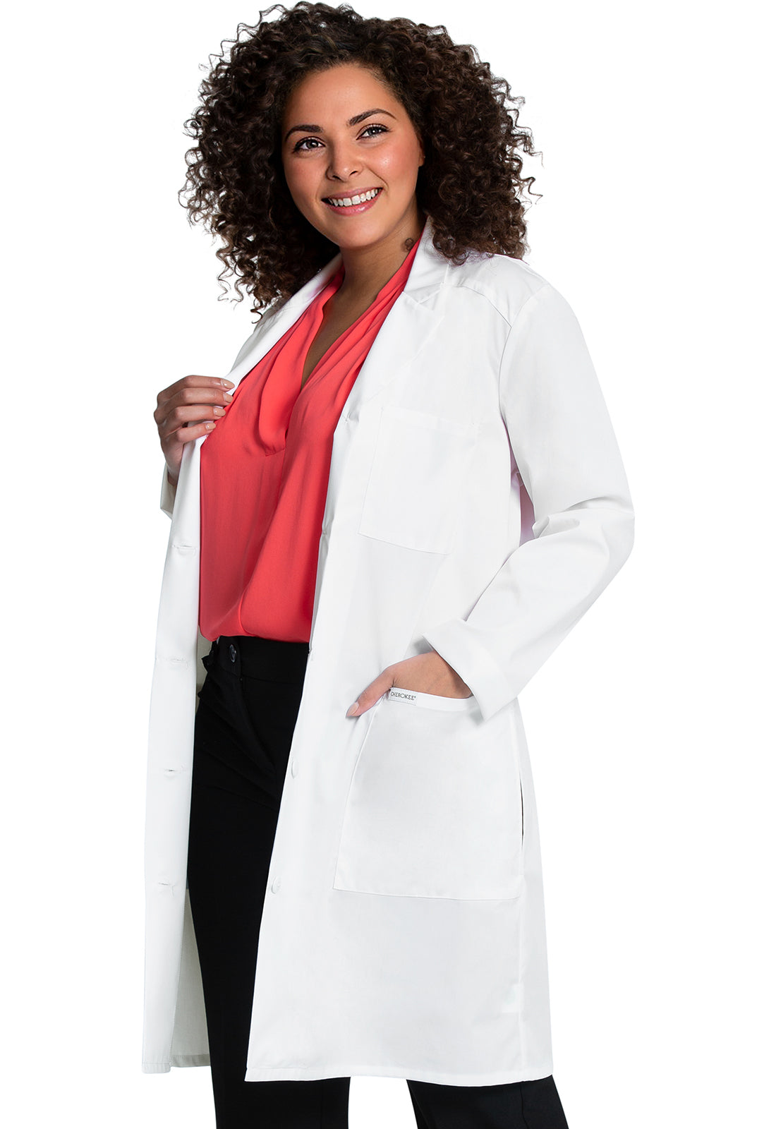 Project Lab by Cherokee CK421 37" Lab Coat White Model Image Right Side | Cherokee