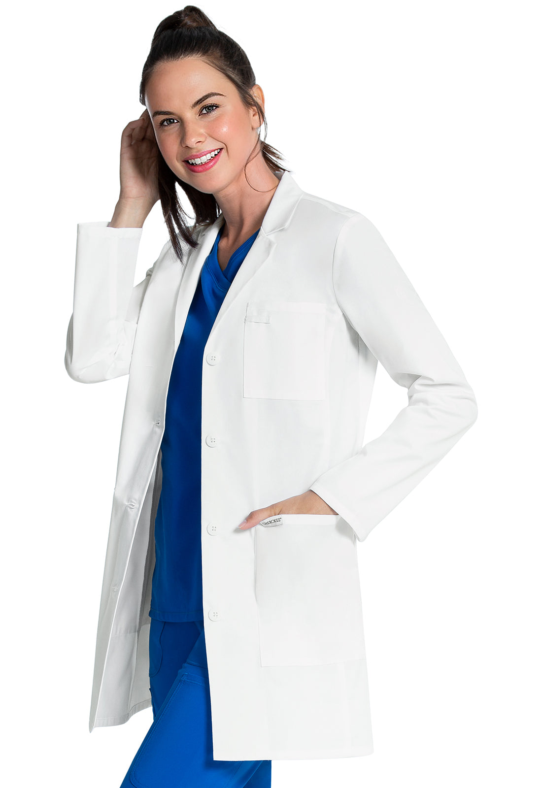 Project Lab by Cherokee CK452 33" Lab Coat White Model Image Right Side | Cherokee