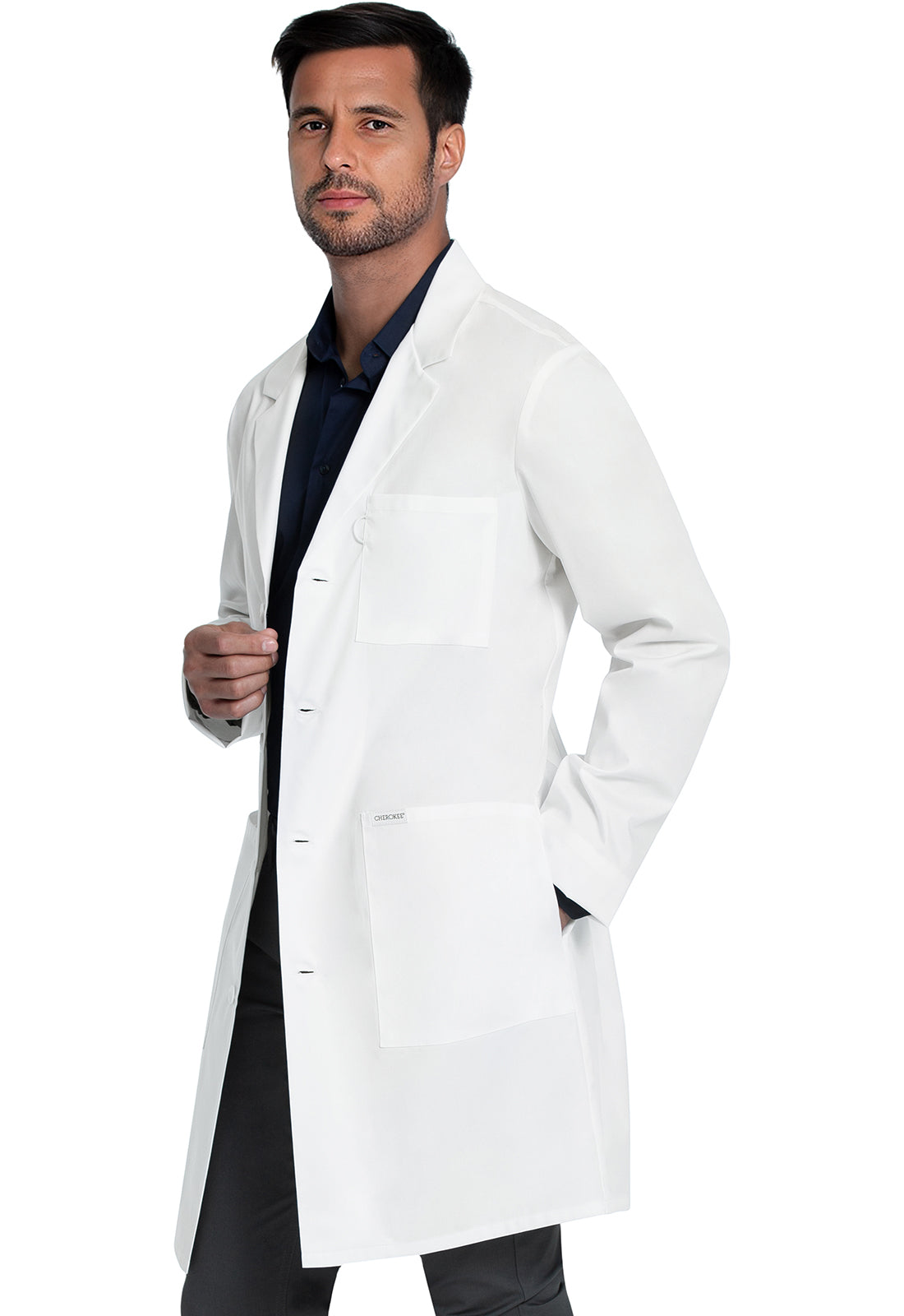 Project Lab by Cherokee CK460 38" Unisex Lab Coat White Model Image Right Side | Cherokee