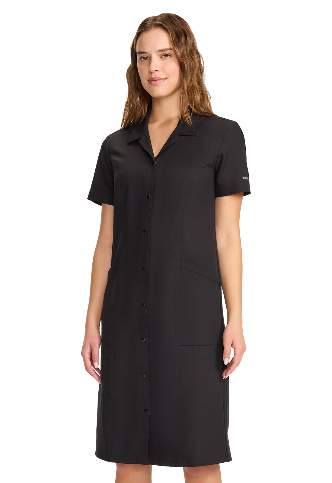 Originals Ultra CK512A Women's Button Front Dress Black Model Image Right Side | Cherokee