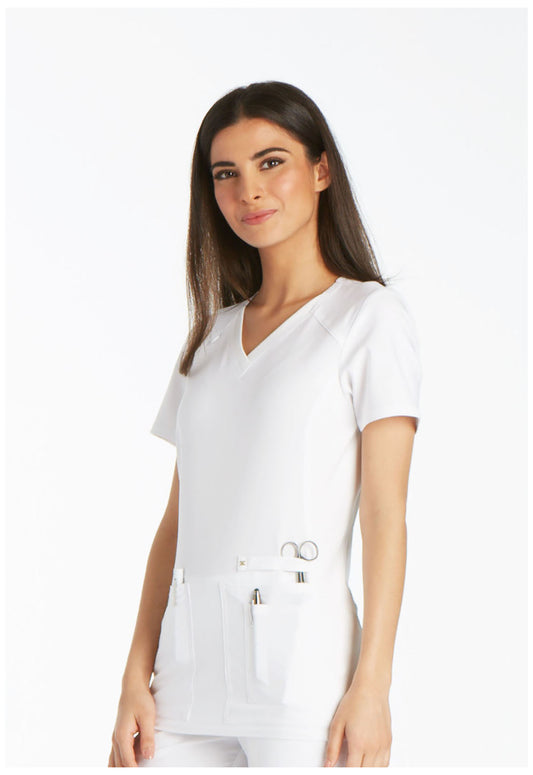 iFlex CK605 V-Neck Top White Model Image Right Side | Cherokee