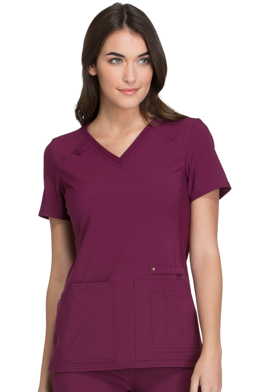 iFlex CK605 V-Neck Top Wine Model Image Left Side | Cherokee