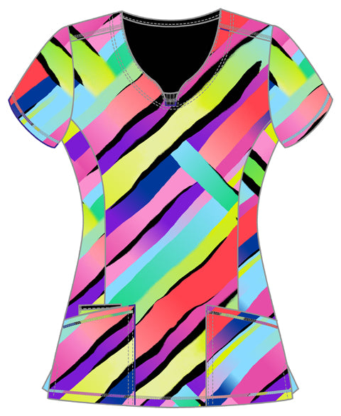 Classics CK609 Round Print Neck Top Color Block Stripe