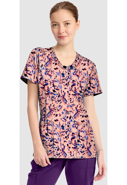Infinity Prints CK609 Women's Round Print Neck Scrub Top Leopard Blur