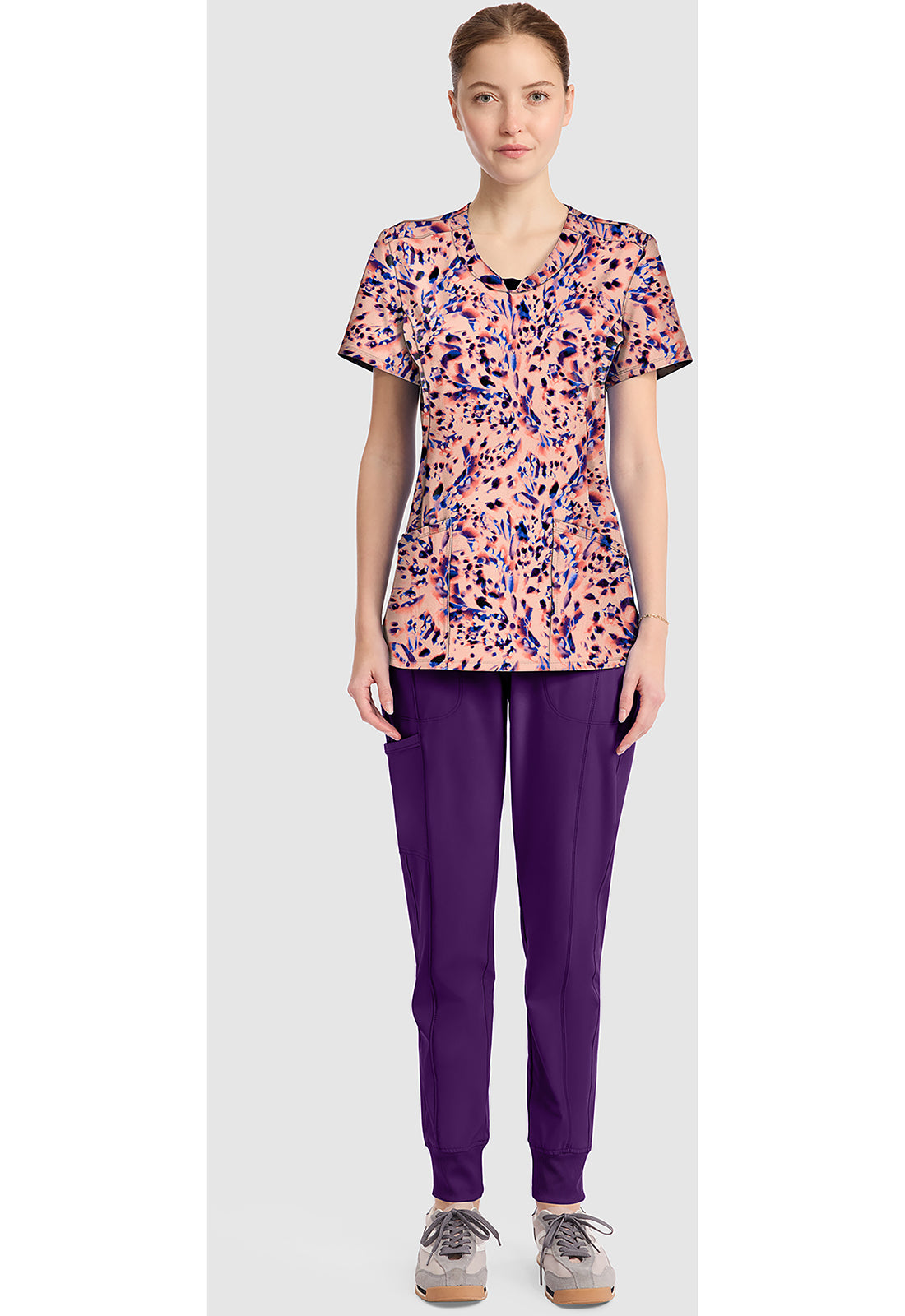 Infinity Prints CK609 Women's Round Print Neck Scrub Top Leopard Blur