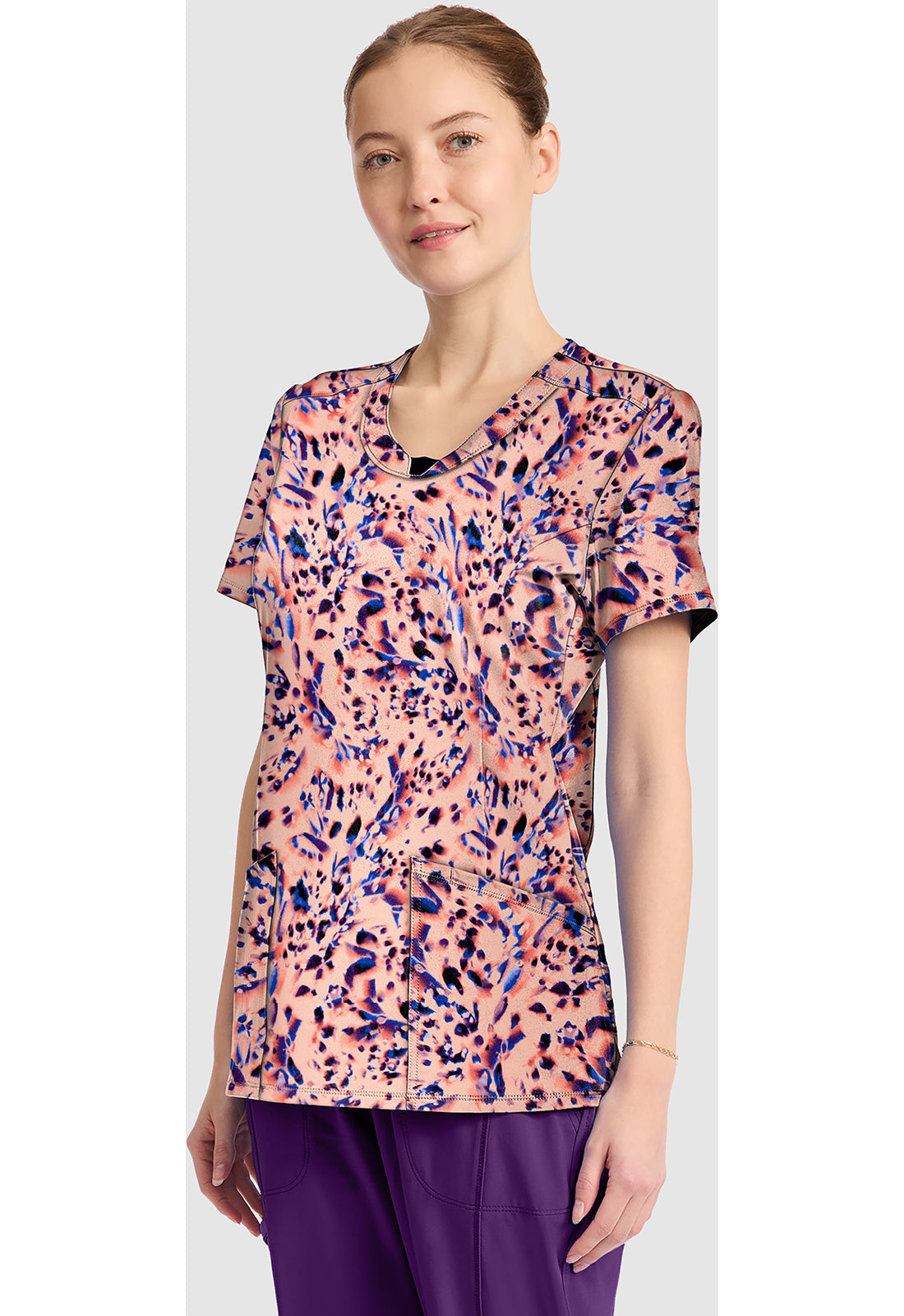 Infinity Prints CK609 Women's Round Print Neck Scrub Top Leopard Blur