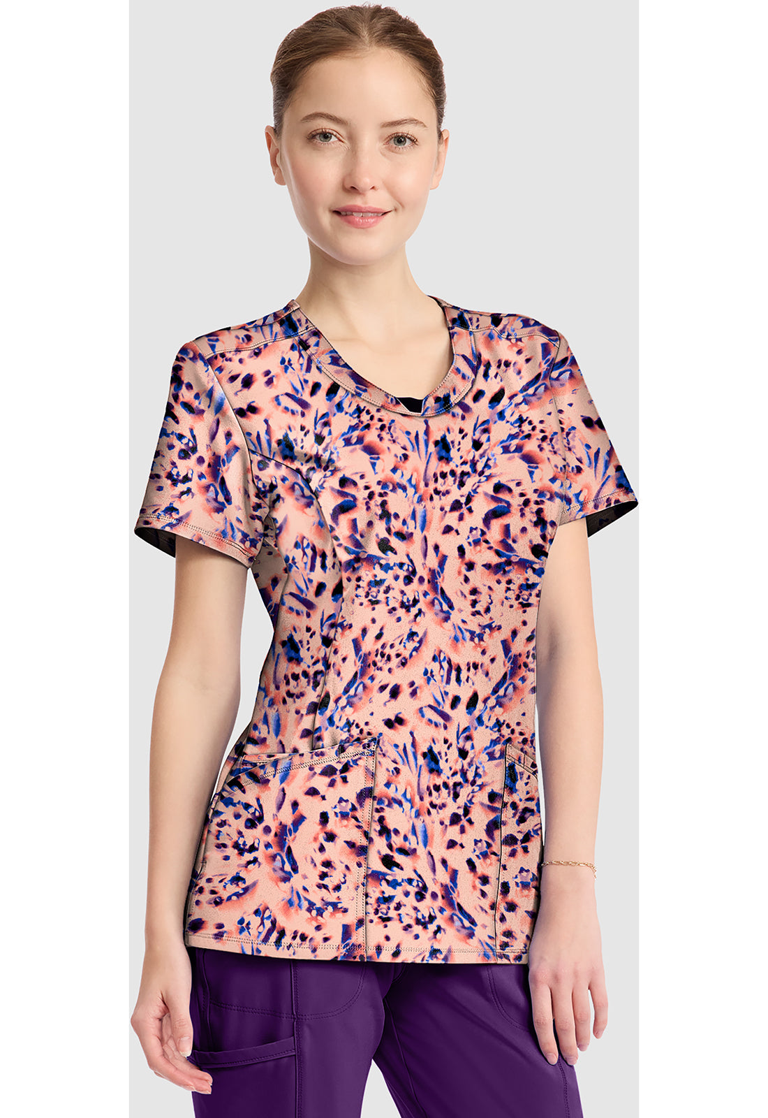Infinity Prints CK609 Women's Round Print Neck Scrub Top Leopard Blur