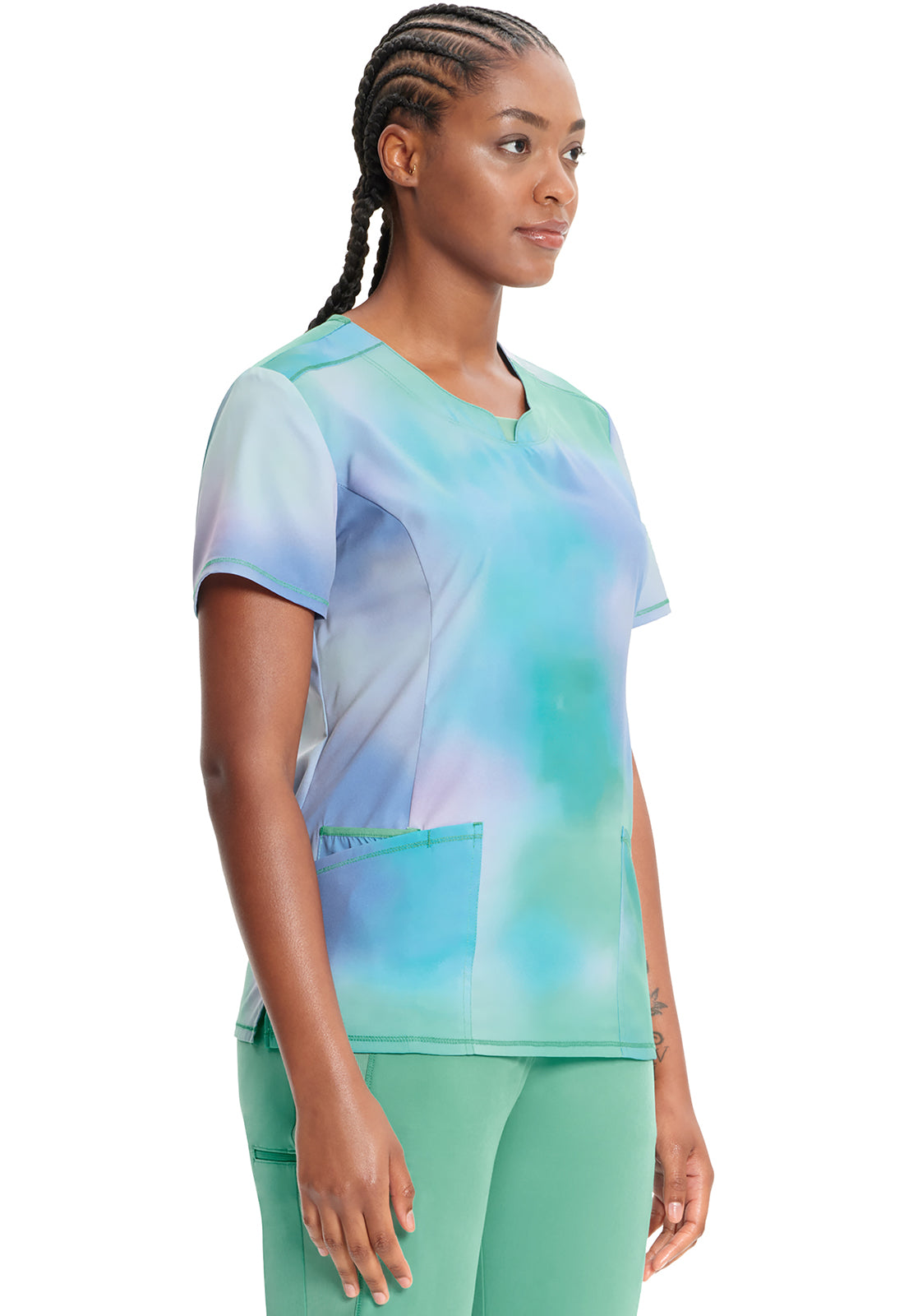 Classics CK609 Round Print Neck Top Northern Lights Model Image Left Side | Infinity