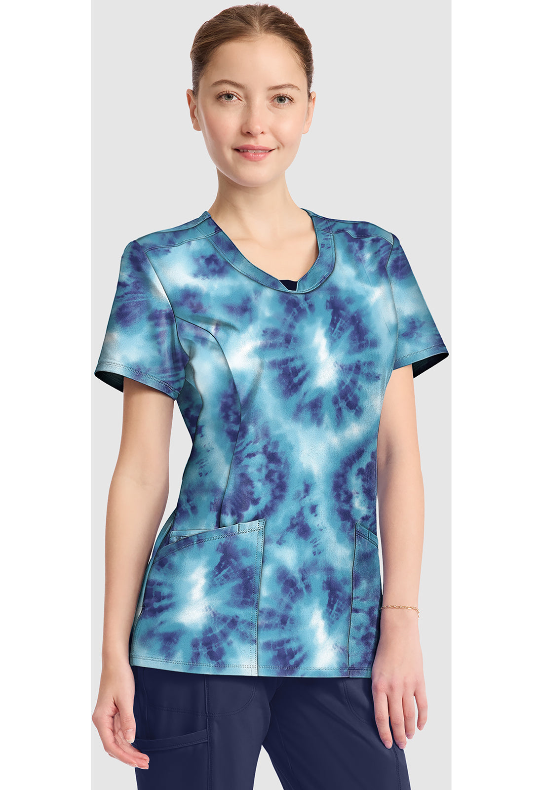 Infinity Prints CK609 Women's Round Print Neck Scrub Top Saltwater Tie Dye