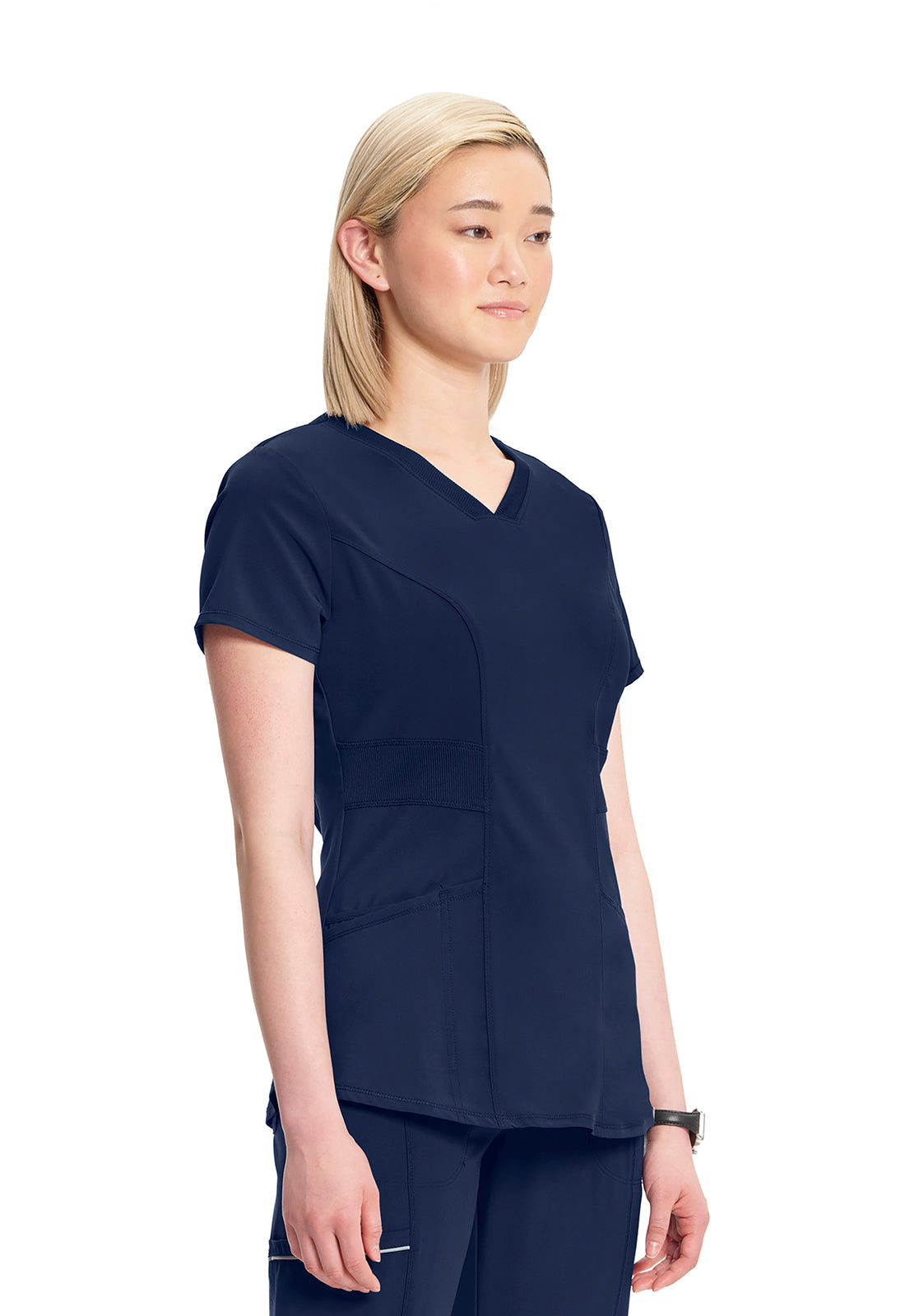 Classics CK623A V-Neck Top Navy Model Image Left Side | Infinity