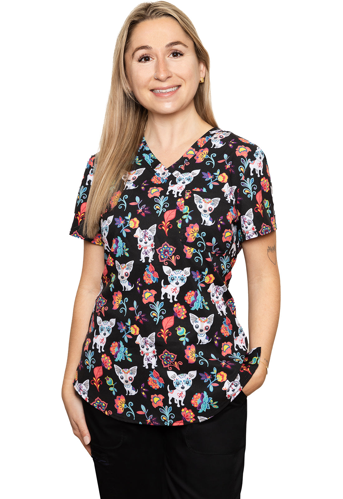 Genuine CK664 V-Neck Tuckable Print Top Sugar Skull Pups Model Image Front | Cherokee