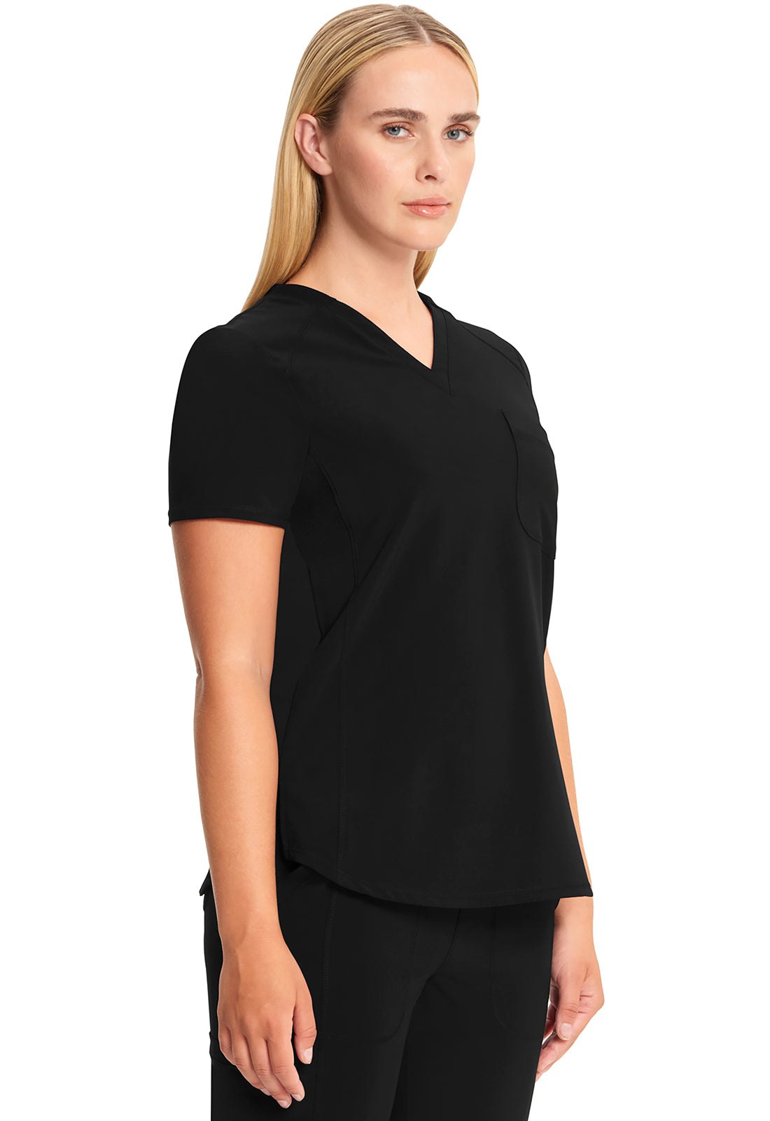 Classics CK687A Tuckable V-Neck Top Black Model Image Left Side | Infinity