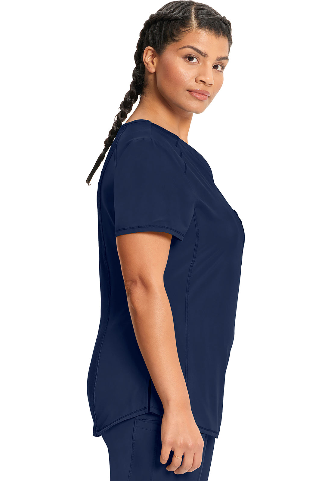 Classics CK687A Tuckable V-Neck Top Navy Model Image Right Side | Infinity