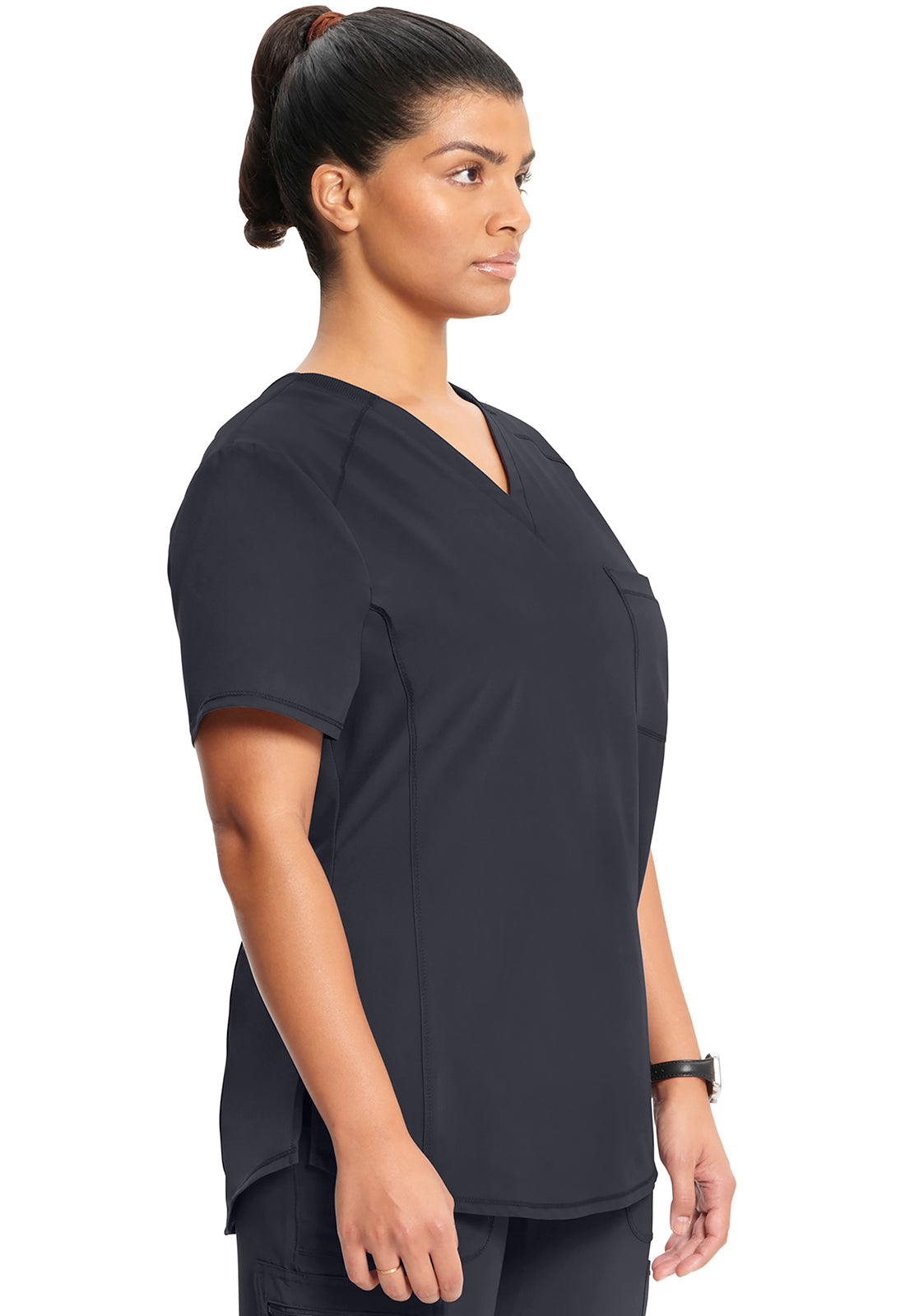 Classics CK687A Tuckable V-Neck Top Pewter Model Image Left Side | Infinity