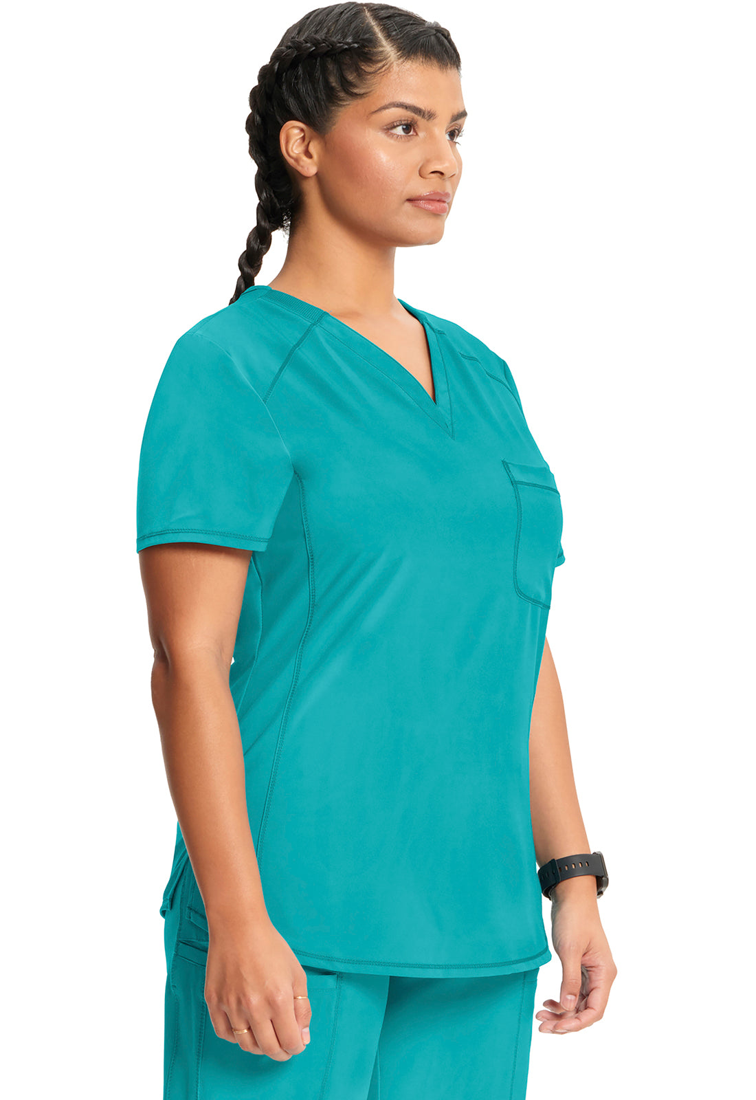 Classics CK687A Tuckable V-Neck Top Teal Blue Model Image Left Side | Infinity