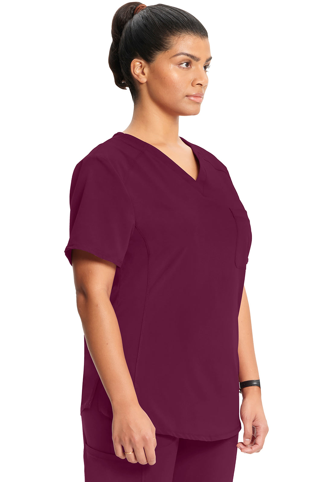 Classics CK687A Tuckable V-Neck Top Wine Model Image Left Side | Infinity